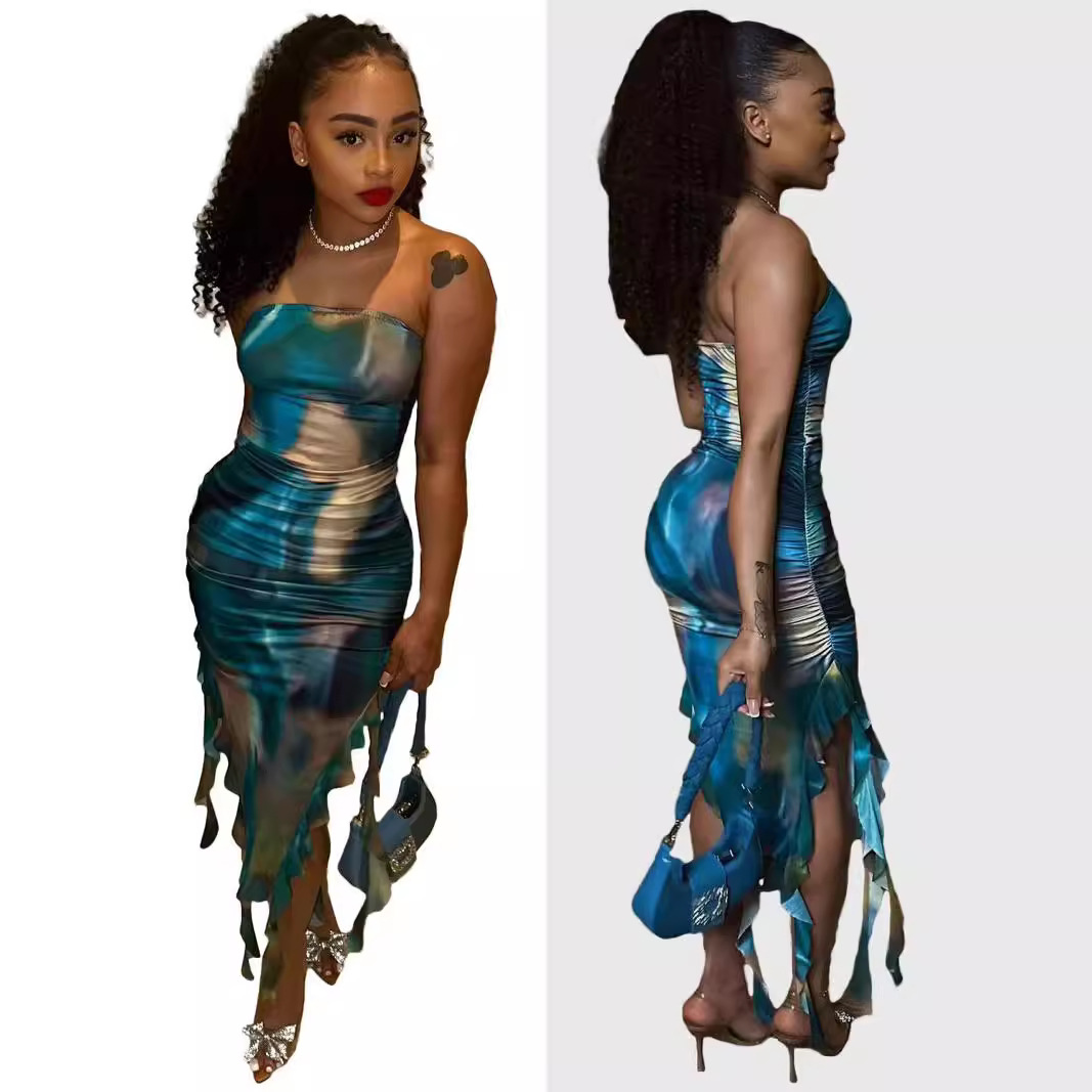 Y6033 European and American women's clothing 2024 spring/summer new fashionable printed chest wrapped slit ruffle edge dress, now available for purchase