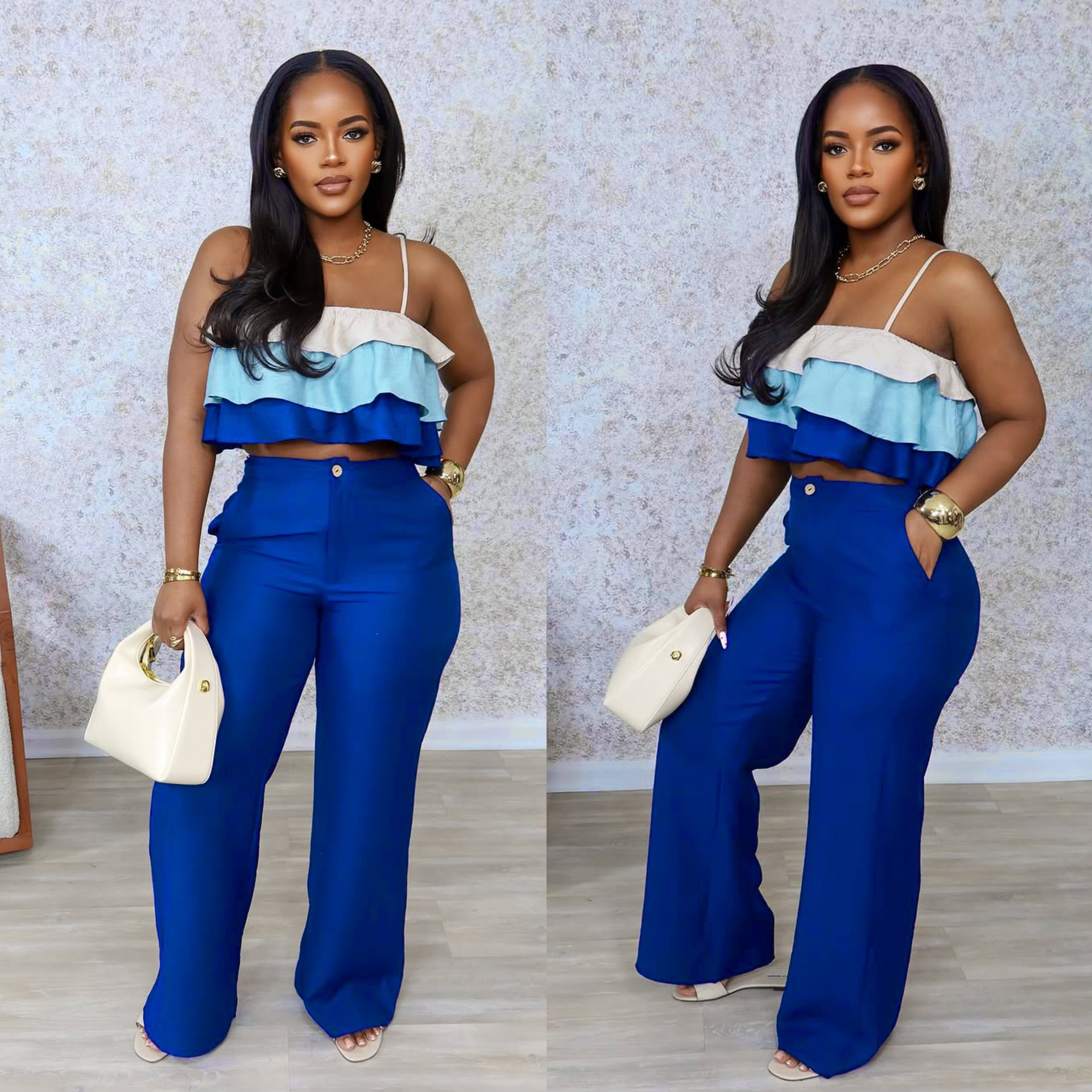 Y6056 Cross border European and American Women's Clothing 2025 Spring/Summer New Product Strap Wrap Chest Ruffle Edge Top High Waist Pants Set