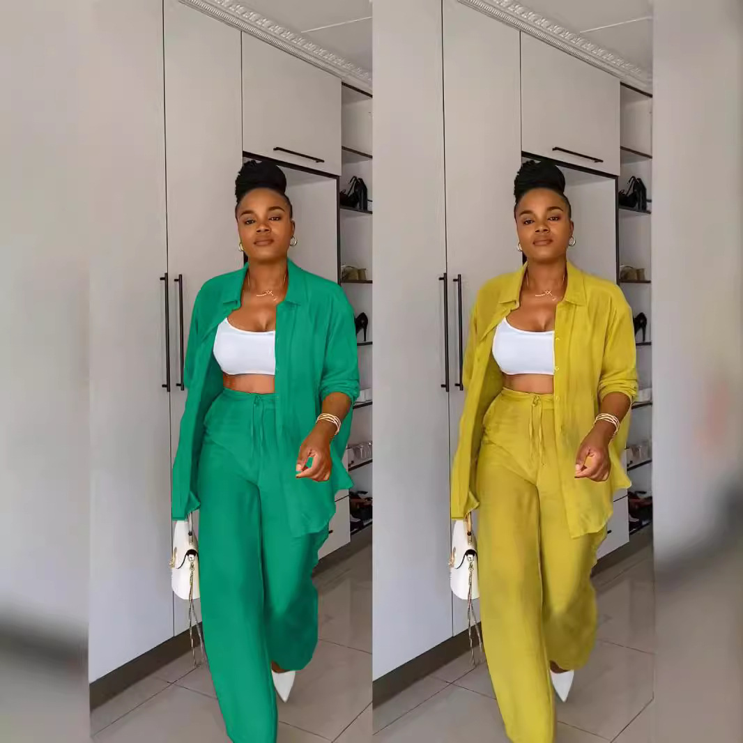 Y6020 European and American women's clothing Amazon 2024 new product Spring and Autumn casual long sleeved shirt straight leg pants two-piece set in stock