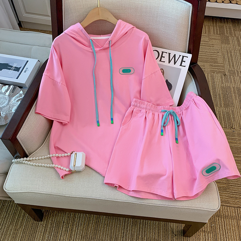 Hooded short sleeved T-shirt shorts two-piece set for women 2023 new summer loose casual sports style fashion set