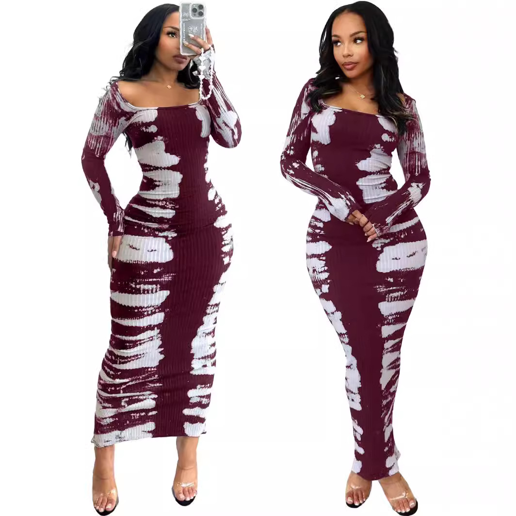 Y6017 European and American women's clothing Amazon 2024 spring new item pit stripe print with slit U-shaped collar autumn and winter dress now available