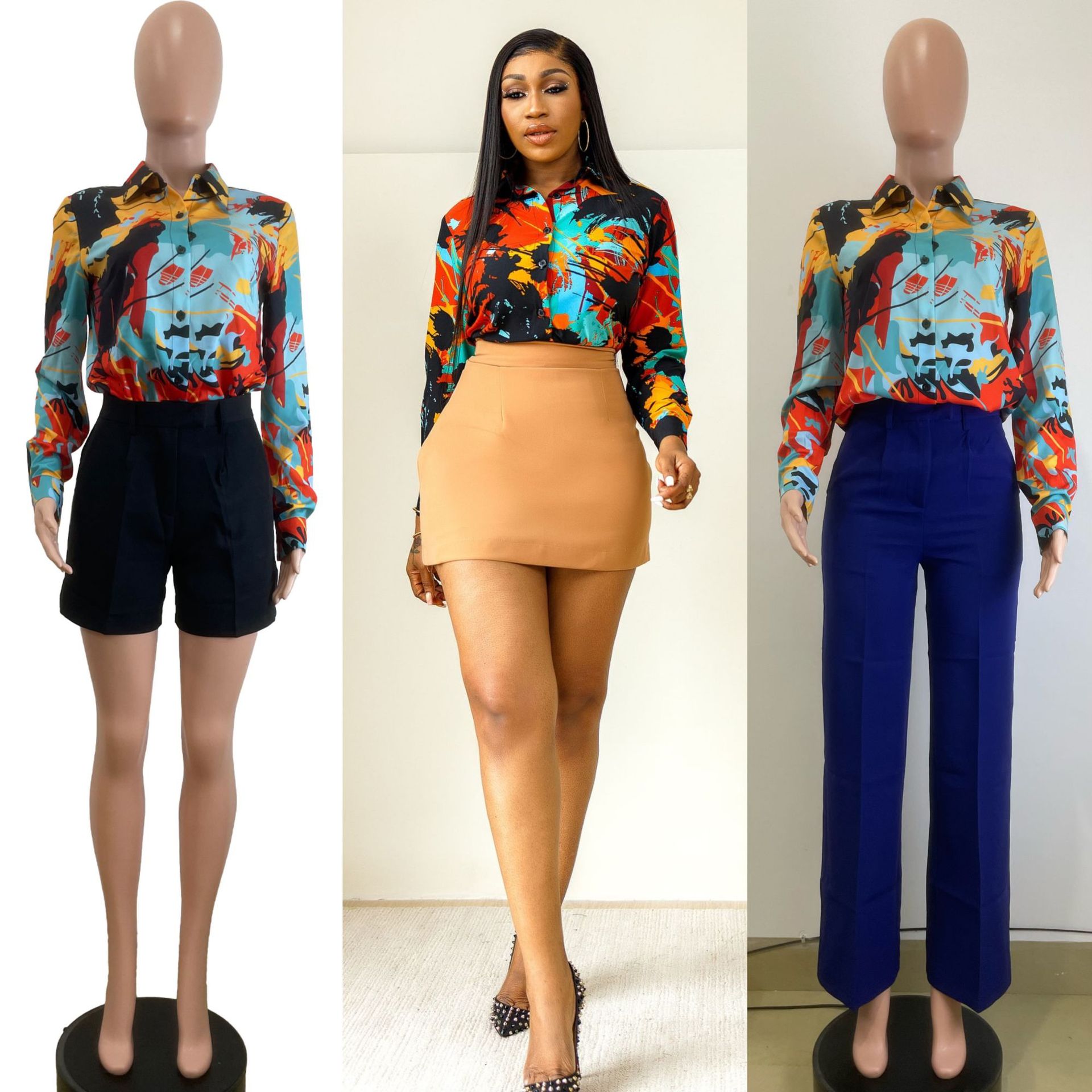 Y6051 European and American women's clothing 2024 autumn and winter new printed casual business versatile long sleeved shirt in stock on Amazon