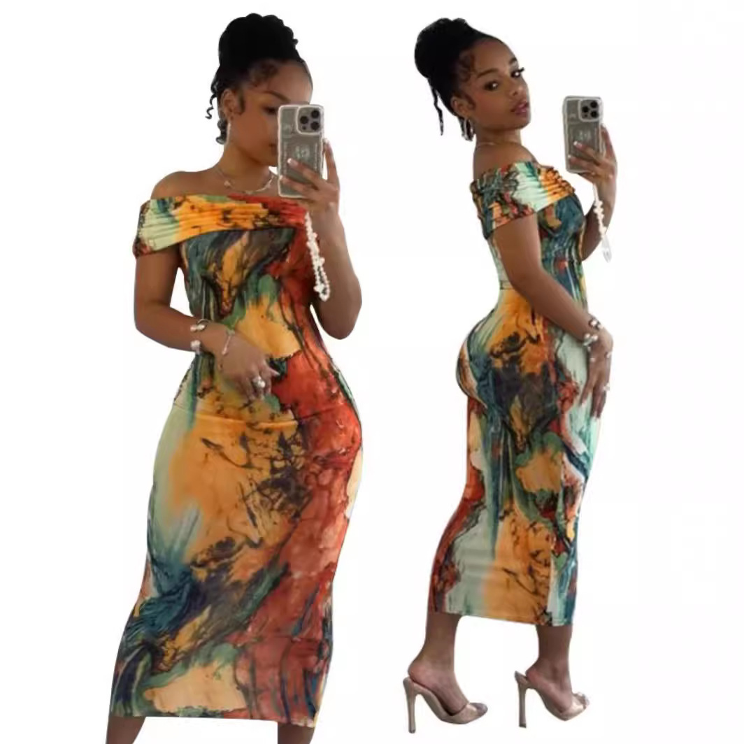 Y6024 Cross border European and American Women's Wear 2024 New Amazon Hot Selling Mixed Color One Shoulder Fashion Personalized Dress