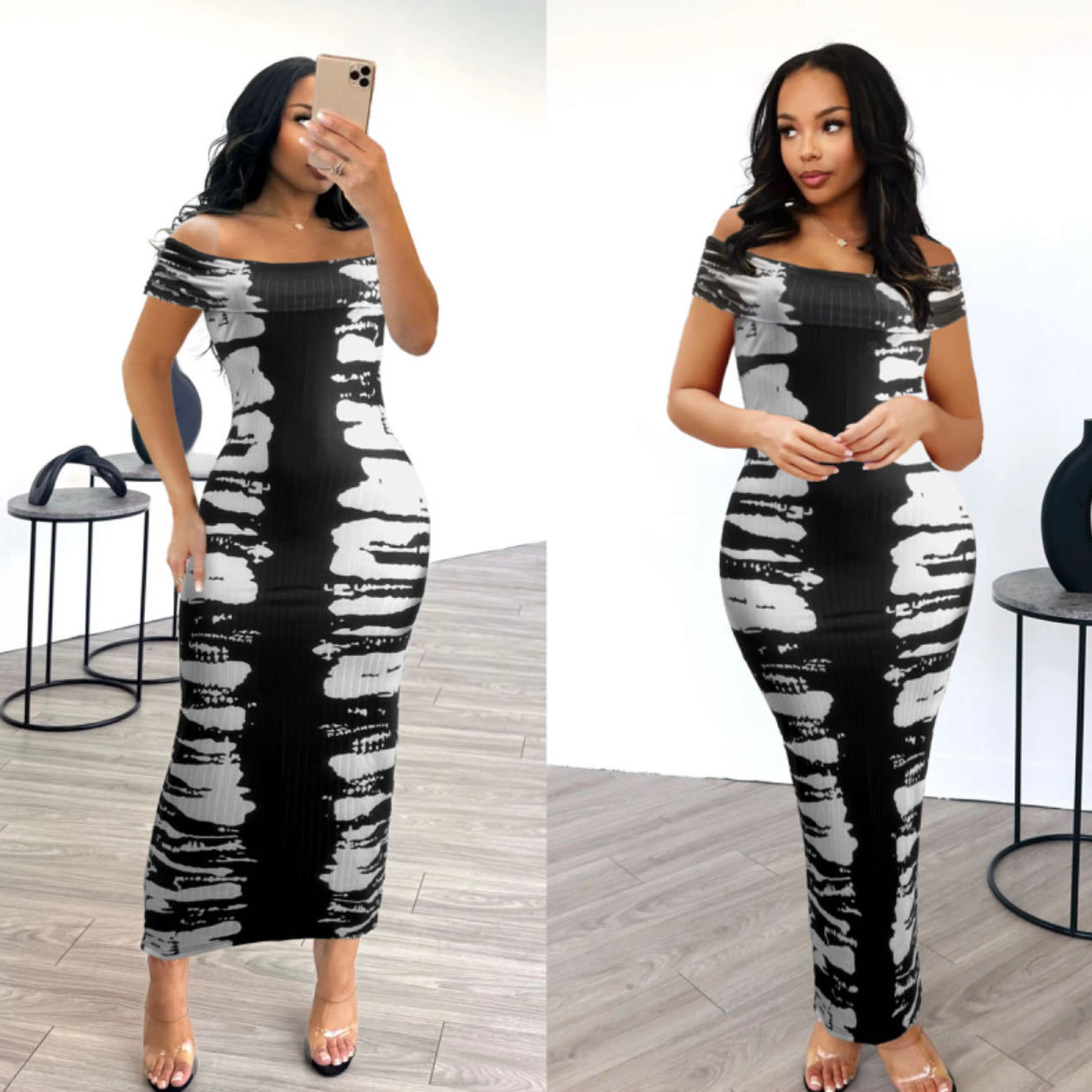 Y6029 New European and American Women's Sexy One Shoulder Positioned Printed Sleeveless Butt Wrapped Dress Amazon in Stock