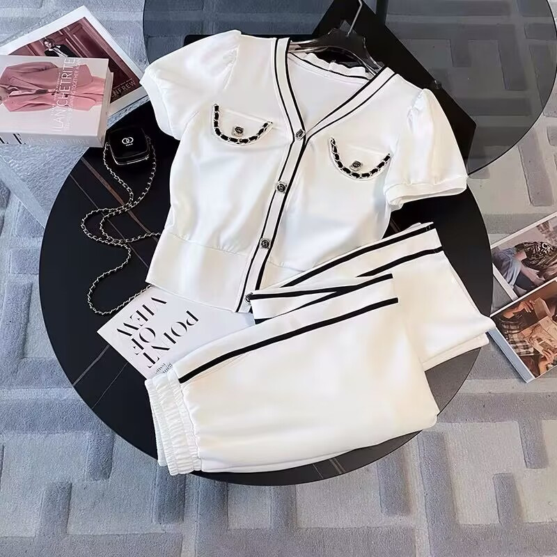 White casual sports suit for women's summer 2025 new European style fashionable small fragrance wide leg pants two-piece set trendy