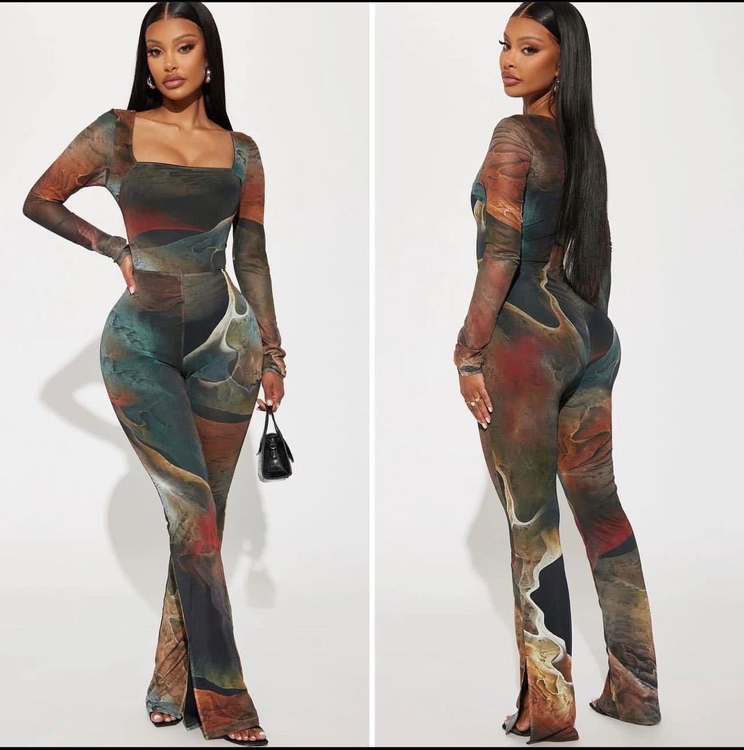 Y6030 European and American women's clothing 2024 new four season wearable double-layer mesh long jumpsuit Amazon cash payment