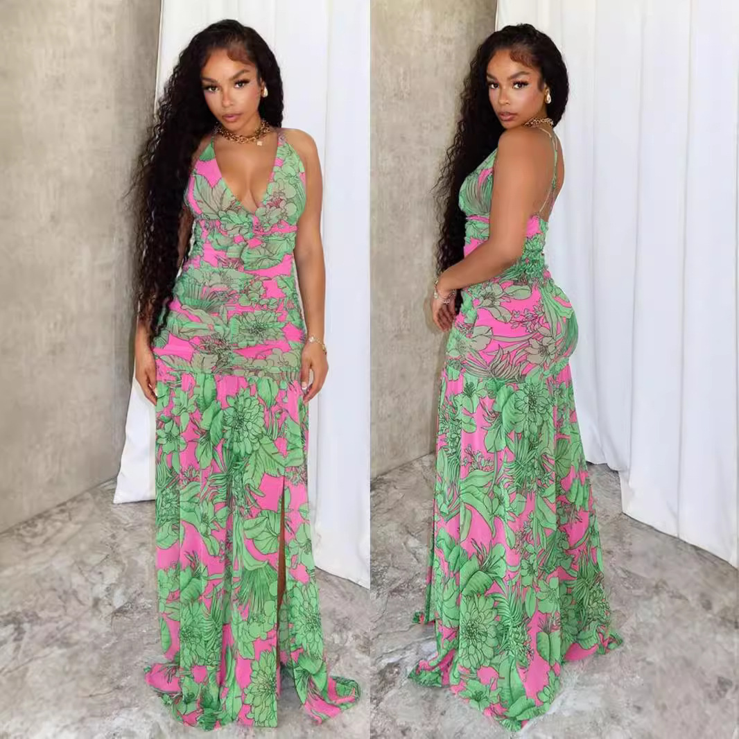 Y6044 new European and American women's summer sexy suspender print pleated slit dress long Amazon stock