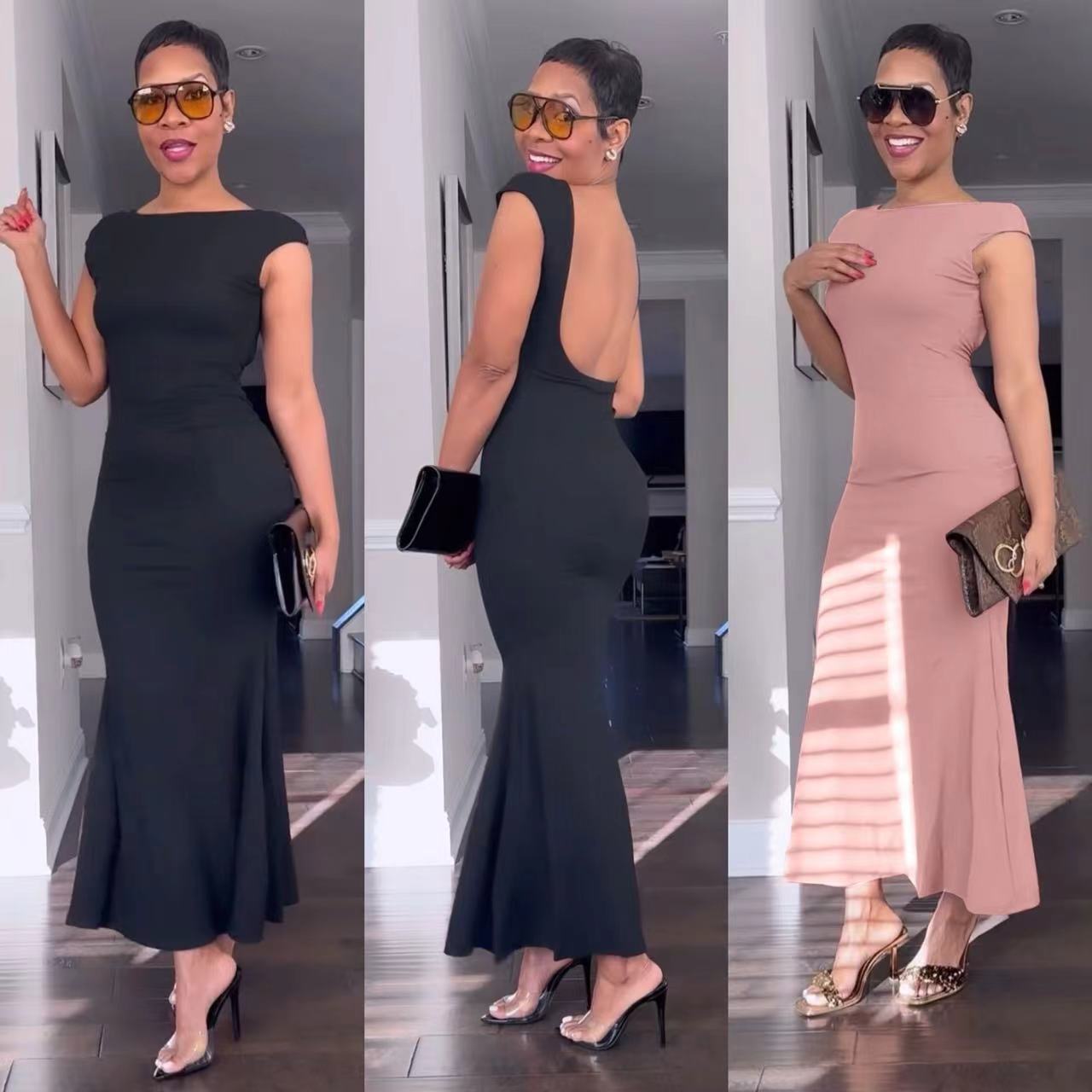 Y6026 European and American women's clothing 2024 new spring and autumn fashion sexy hollow out backless slim fit hip hugging dress in stock