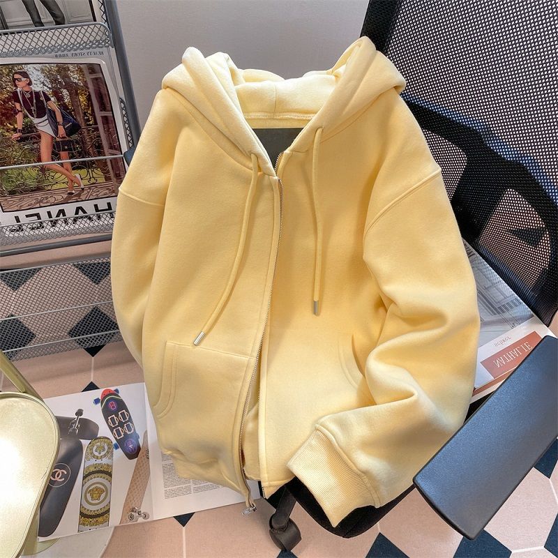Milk yellow cardigan zipper hooded sweatshirt versatile large size 200 pounds loose Korean version lazy BF style jacket fluffy sweater