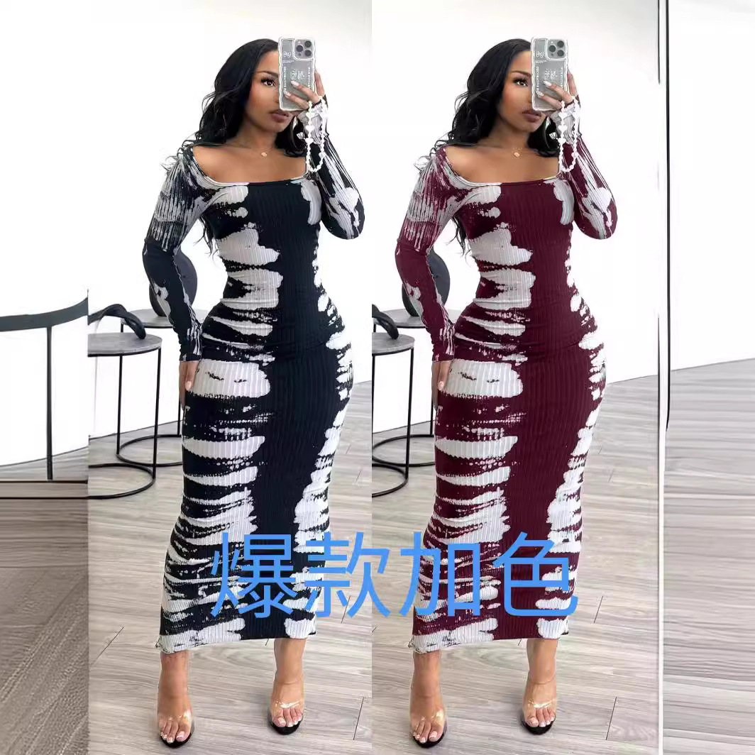 Y6017 European and American women's clothing Amazon 2024 spring new item pit stripe print with slit U-shaped collar autumn and winter dress now available