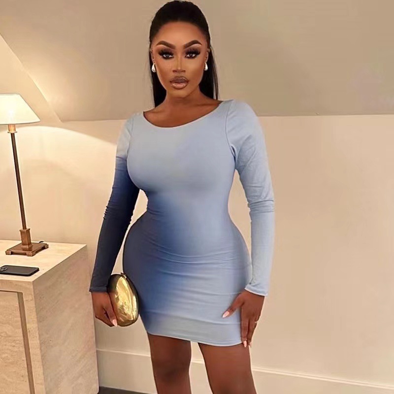 Y6032 European and American women's clothing 2024 new round neck gradient dress long sleeved mid waist beautiful back slim fit hip hugging skirt