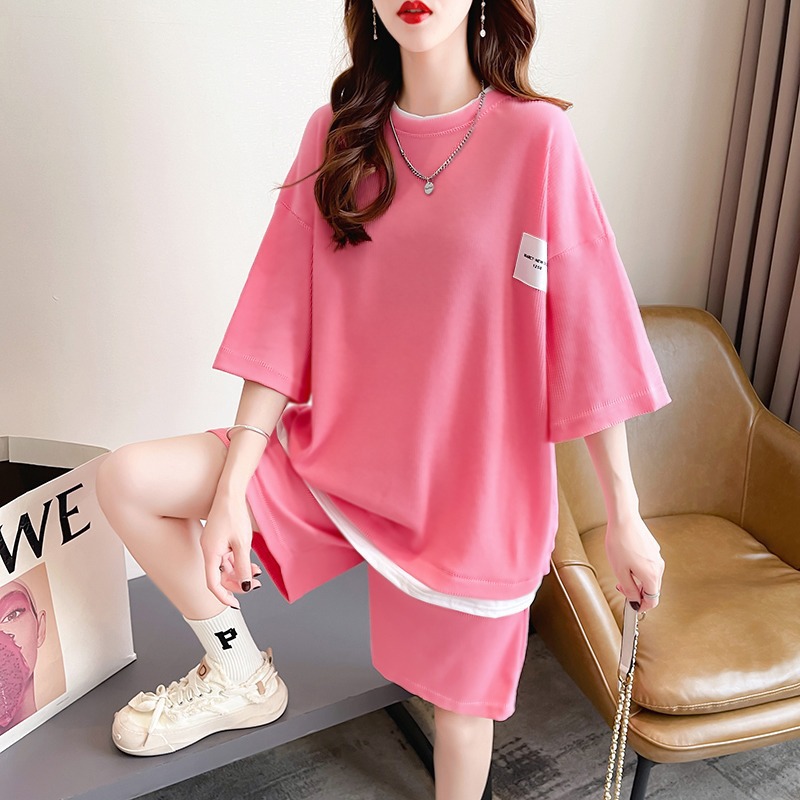 Large size women's casual sportswear set, women's fat mm high waist wide leg shorts, pure cotton short sleeved fashion two-piece set, trendy