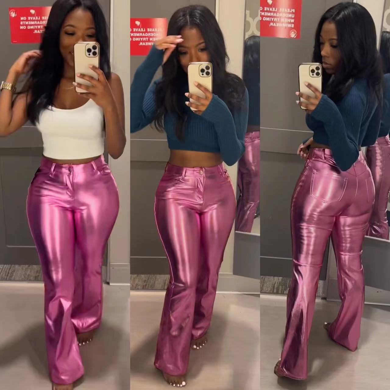Y6014 New Product European and American Women's Wear Autumn/Winter Metallic Bright Small Horn Casual Long Leather Pants Amazon Hot Sale