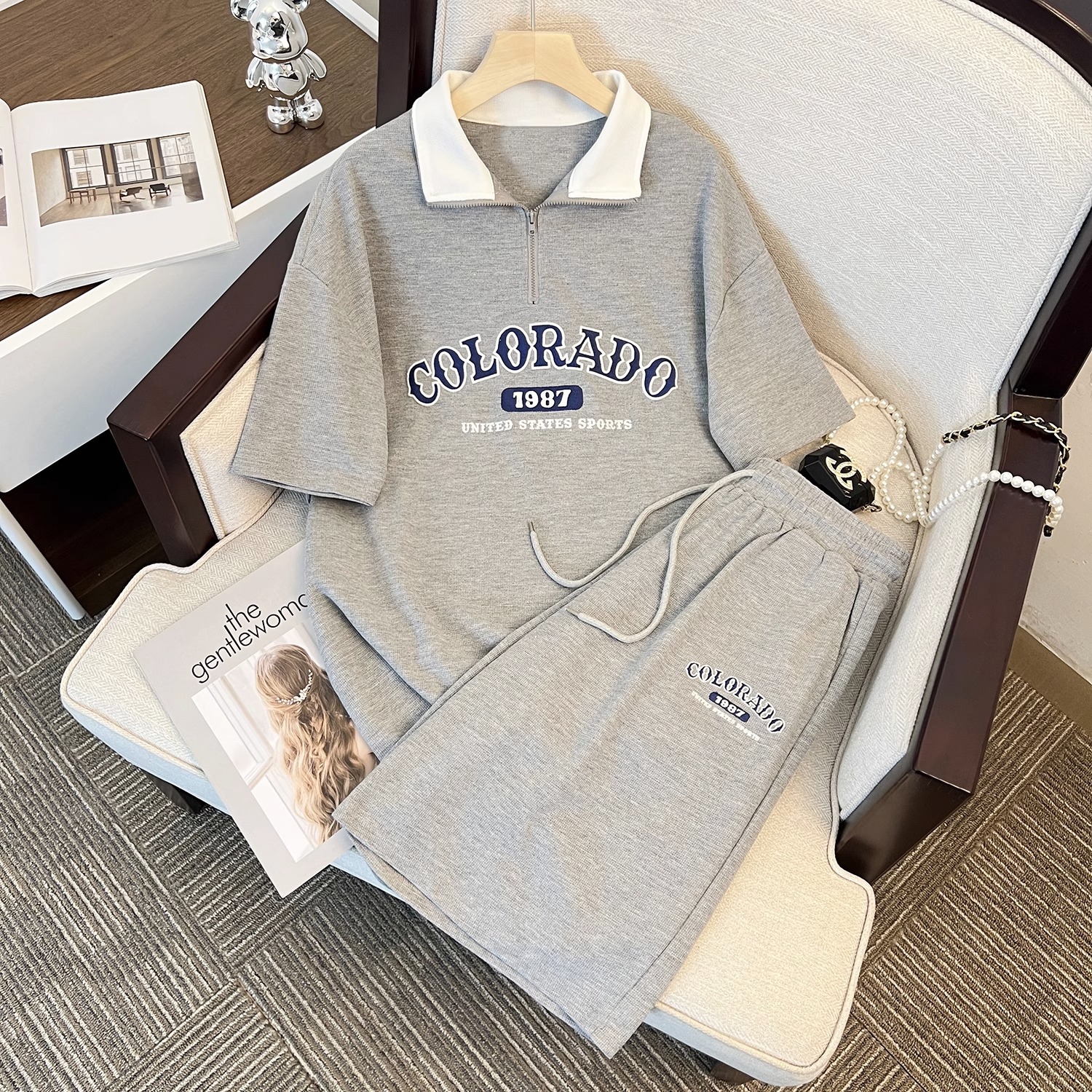 American retro casual sports set for women's summer 2023 new loose Korean version polo collar short sleeved shorts two-piece set
