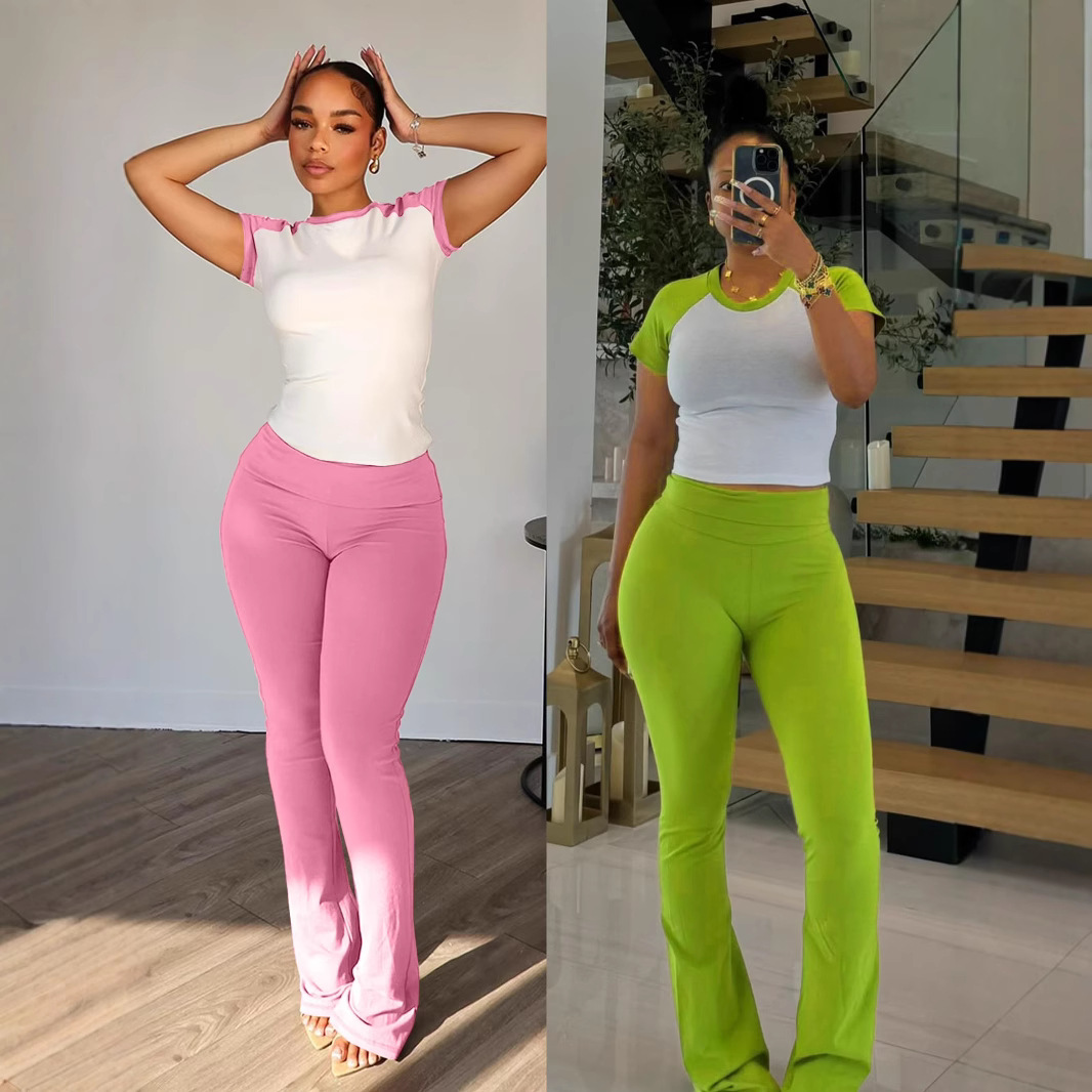 Y6055 New Product American Color blocked Shoulder Sleeve Spring/Summer Women's 2025 Casual Sports Yoga Pants Set Two Piece Set