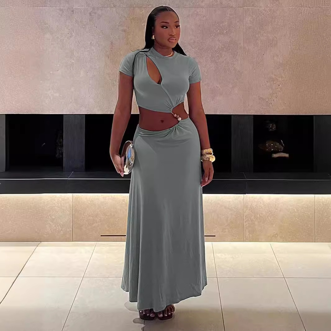 Y6039 European and American women's summer new item chest slit bead exposed navel short sleeved long skirt set Amazon hot selling item