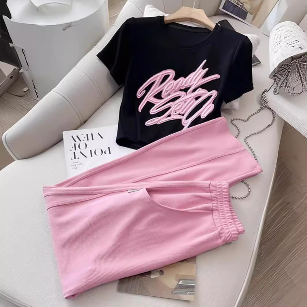 New casual sports set for women's summer fashion slim fit top, pink wide leg pants two-piece set, college style