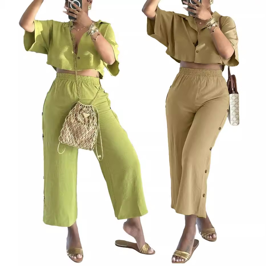 Y6042 European and American Amazon Women's Wear 2024 Spring/Summer New Collection Nine Leg Wide Pants Flip Collar Short Shirt Two Piece Set