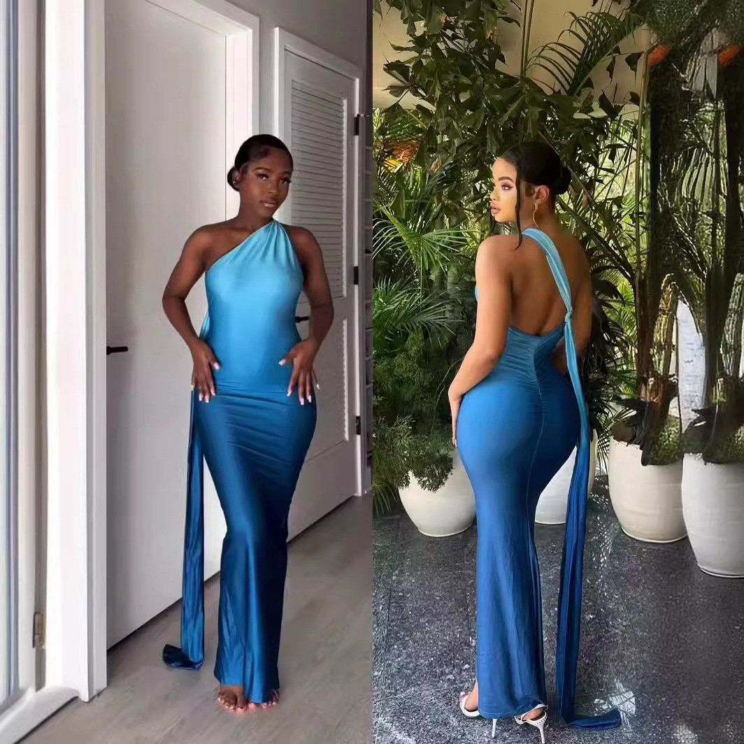 Y6028 European and American women's clothing 2024 new summer sleeveless sloping shoulder gradually changing color sexy slim fit hip hugging dress long