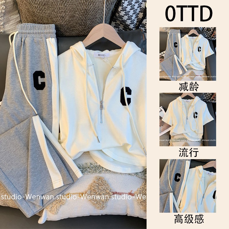 Large size women's spring clothing fashionable age reducing hoodie, slightly chubby sister, mm slimming, concealing, casual sports two-piece set pants