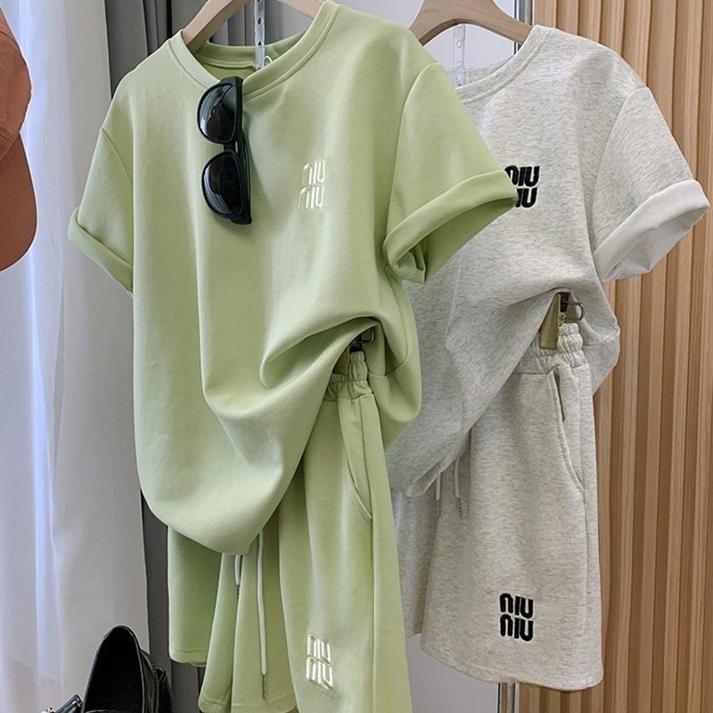 Cotton Embroidered Summer Casual Set for Women, Sporty Outerwear, Versatile, Slimming Shorts, Short Sleeves, Two Piece Set