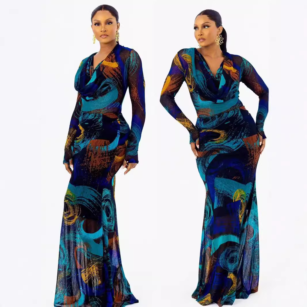 Y6043 Cross border European and American Women's Clothing Amazon 2024 Autumn/Winter New Printed Long Sleeve Bag Hip Slimming Dress Long