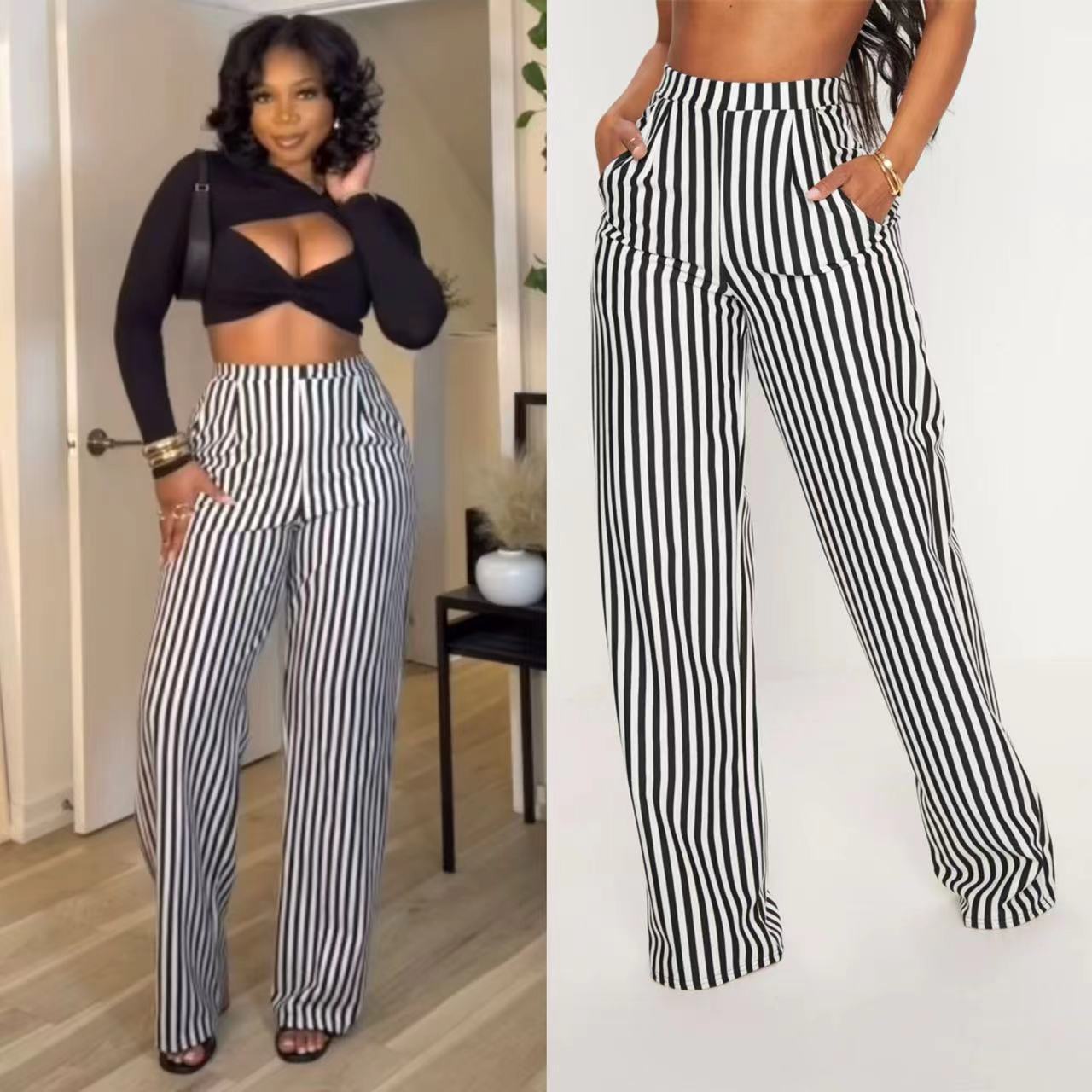 Y6022 Cross border European and American Women's Wear 2024 New Product Black Stripe Printed High Waist Straight Leg Casual Wide Leg Pants in Stock