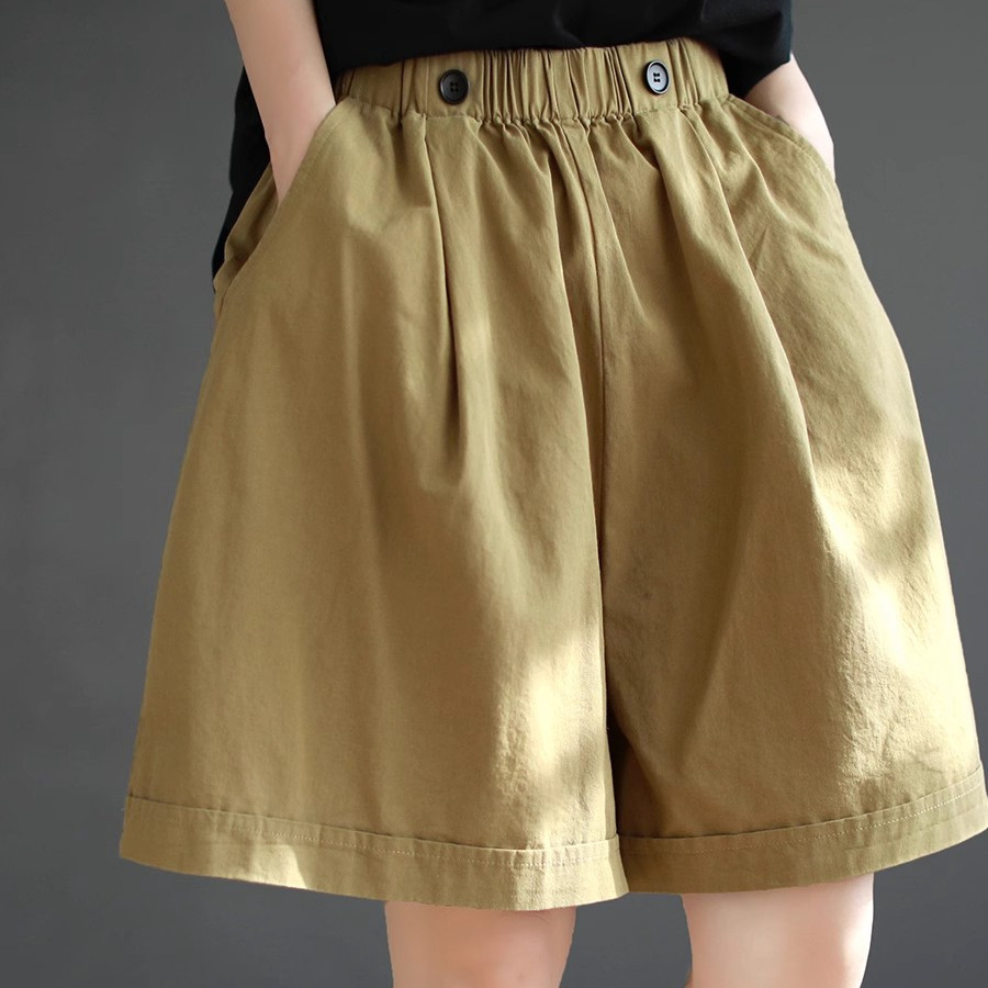 Cotton six color shorts for women in plus size, loose summer vintage solid color, wide leg work pants, elastic waist, versatile five quarter pants