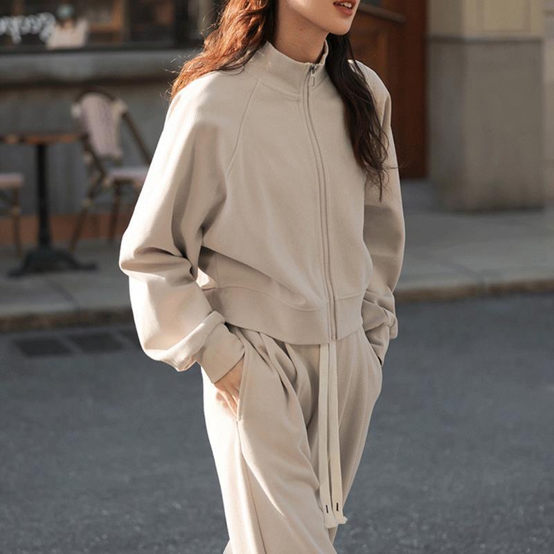 Lazy style small casual sportswear two-piece set thin zipper sweatshirt jacket fashionable long pants set for women