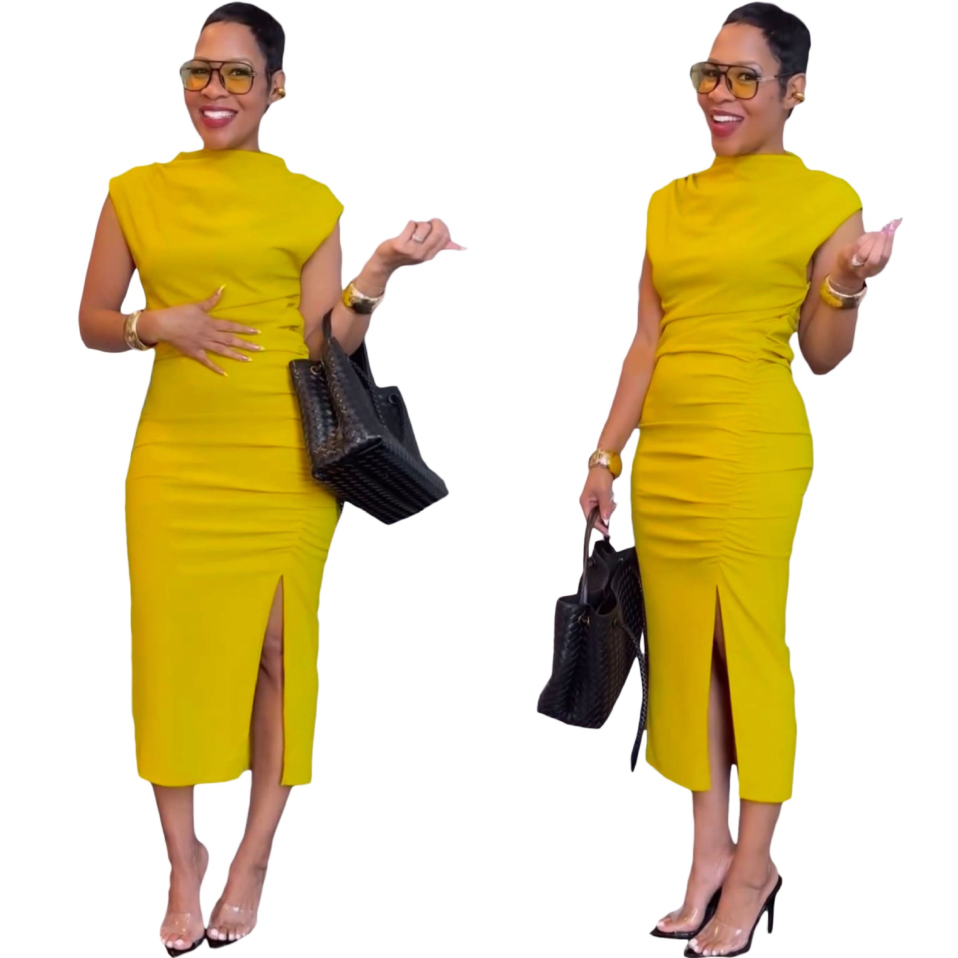 Y6038 European and American women's solid color slim fit bag hip slit temperament mid length dress Amazon independent station new product