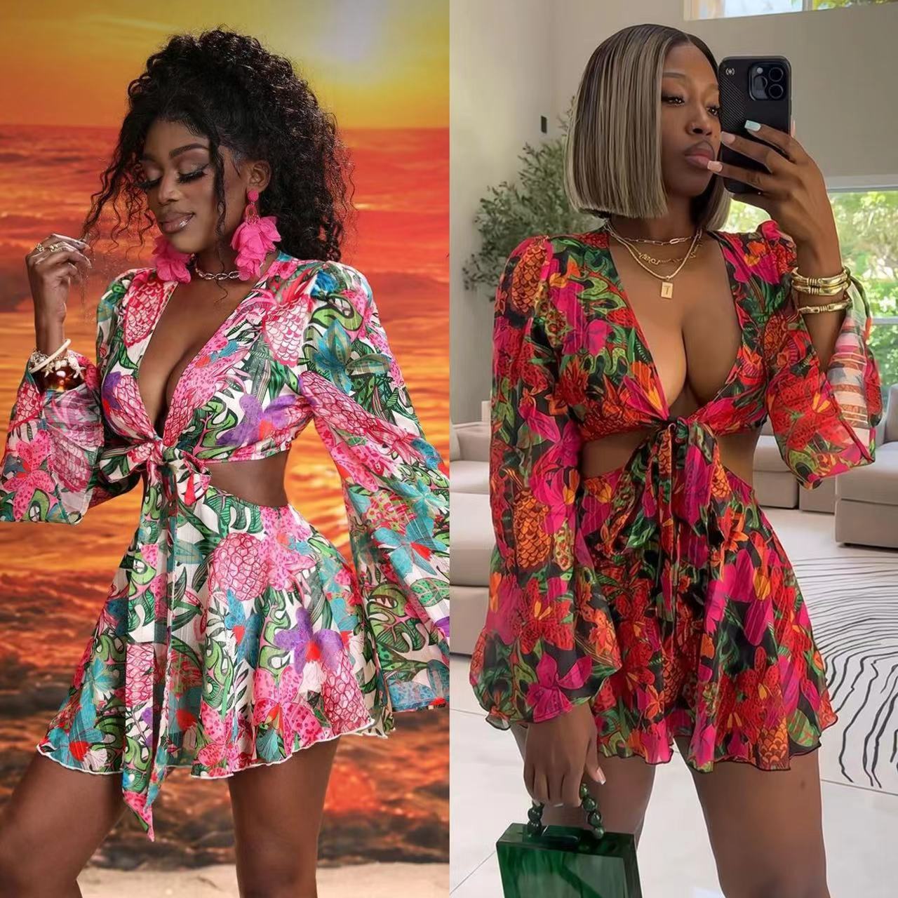 Y6035 European and American women's spring and summer new item floral deep V flared sleeve waist belt dress short skirt set two-piece cash out