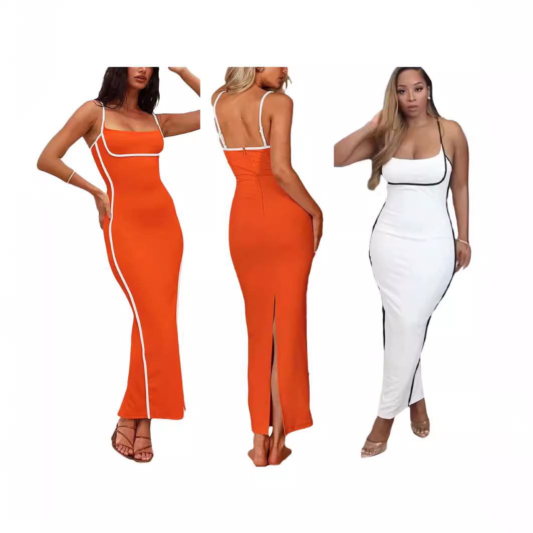Y6025 European and American women's clothing 2024 Amazon hot fashion and sexy suspender contrasting slim fit dress, now available for purchase