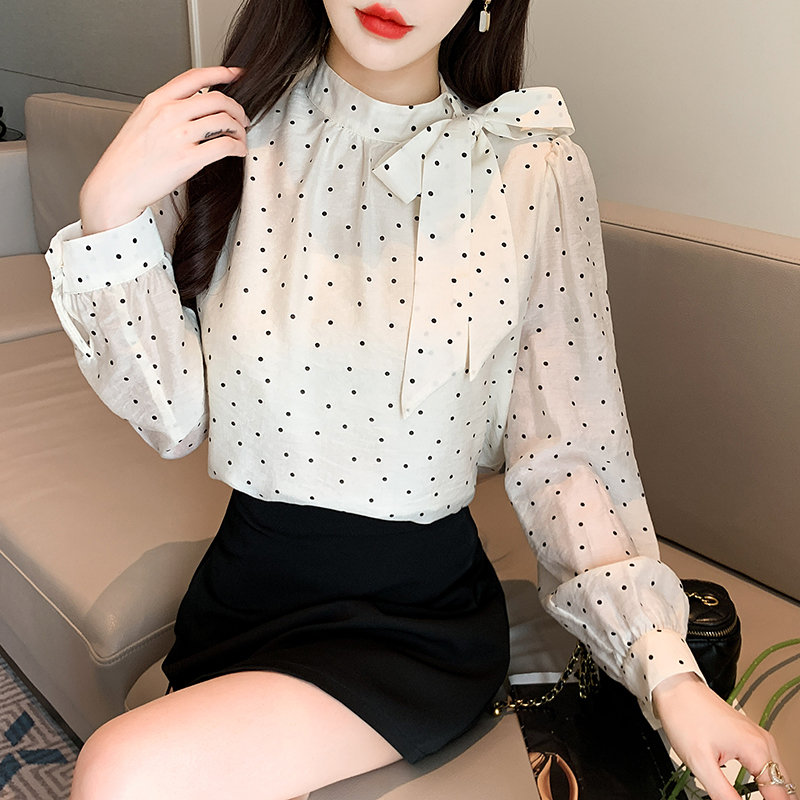 You can wear it alone or as an inner layer! French sweet polka dot shirt women's bow tie side strap chiffon shirt top