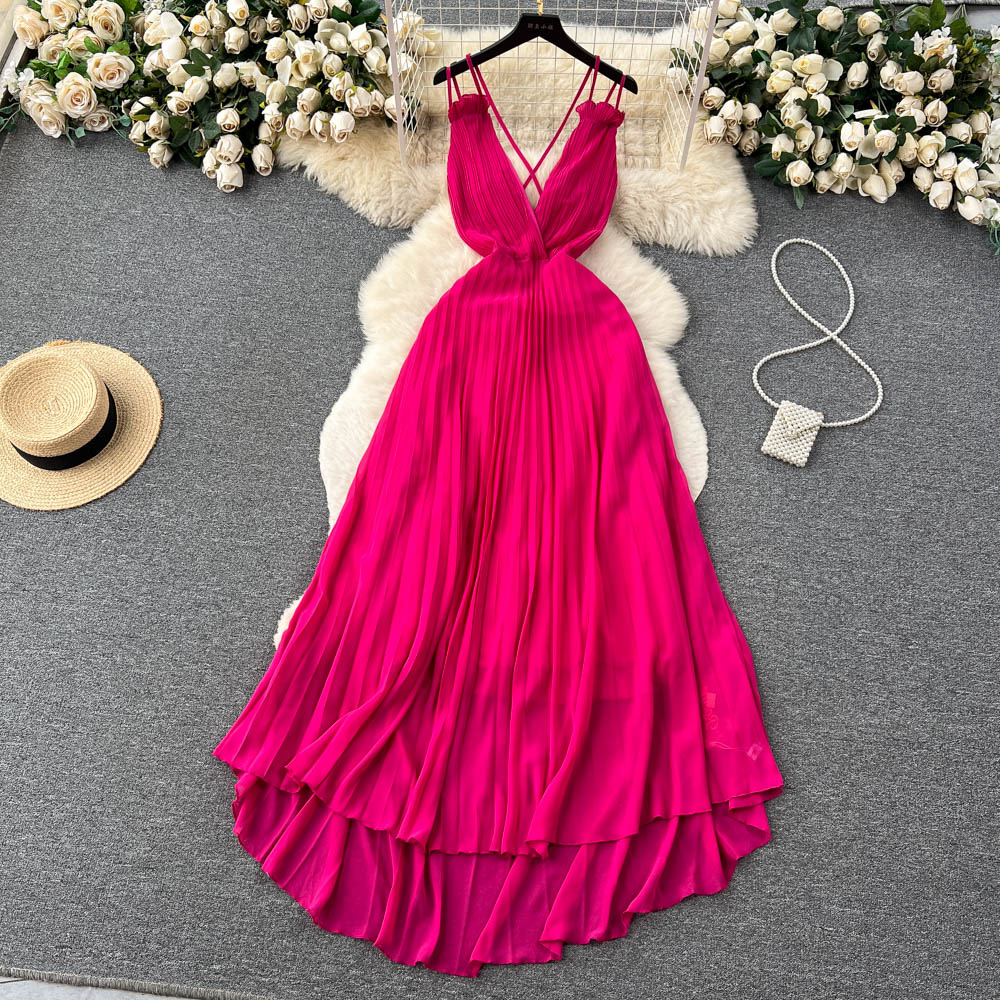 Sexy light luxury style dress, women's summer style pleated deep V-neck backless design, cinched waist, large swing suspender long skirt
