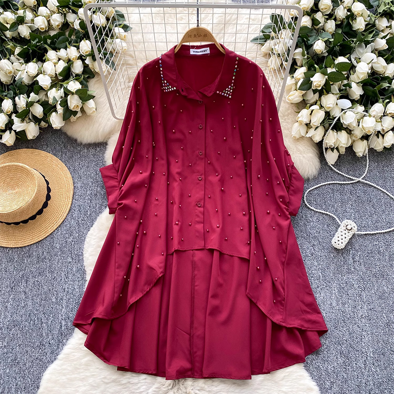 European and American design sense irregular shirt for women with diamond studded nail beads, single breasted batwing sleeves, loose fitting flesh blocking mid length top