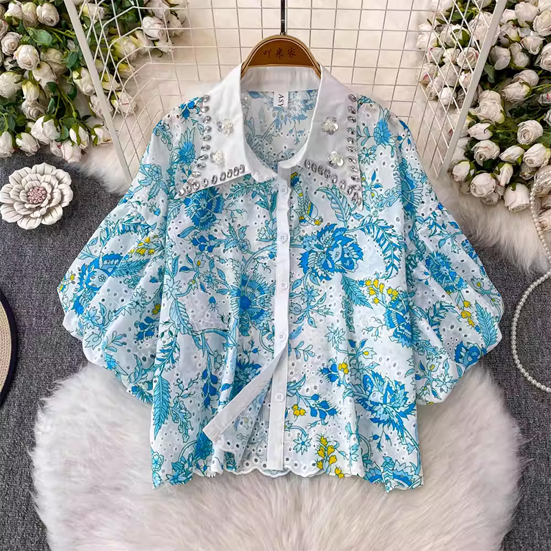 French heavy industry diamond studded lapel lantern sleeve shirt for women in summer 2025, new sweet and age reducing floral hollow top