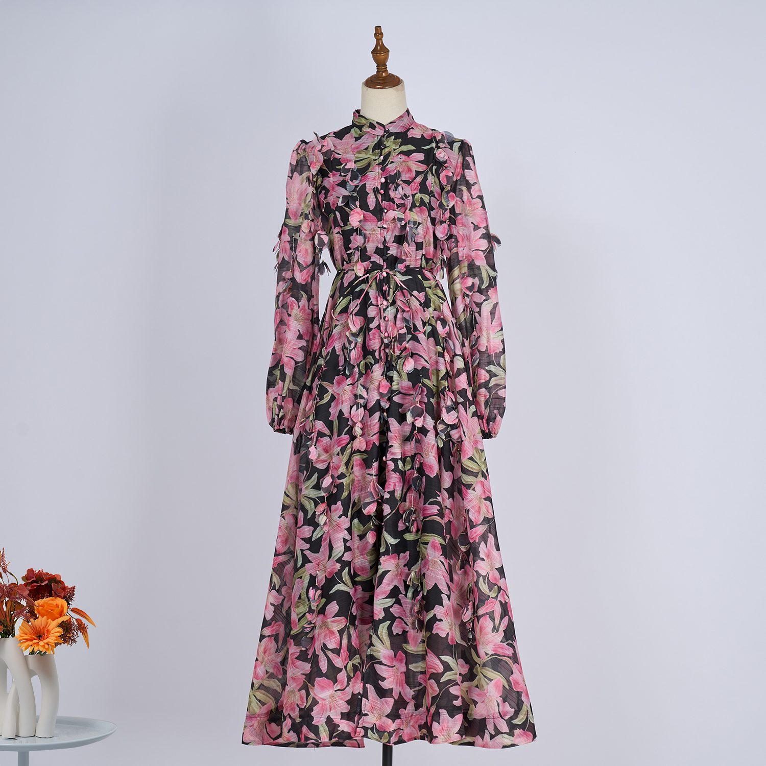 Real shot spot 2025 fixed flower lace up super slim fit large swing silk and linen long dress