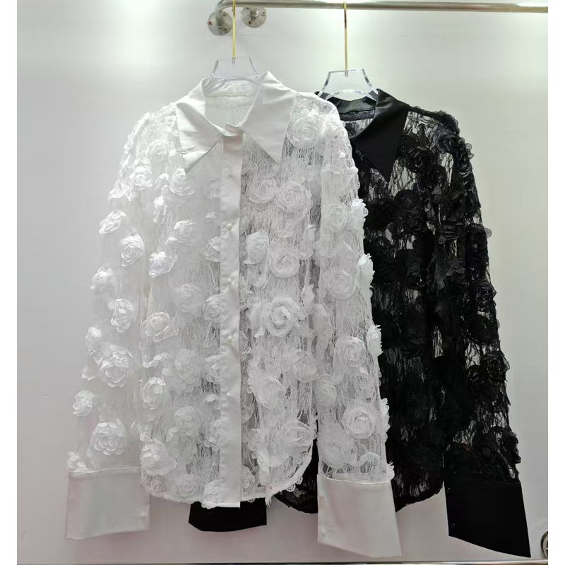 European and American style women's clothing new autumn French niche transparent rose cut print lapel loose long sleeved shirt