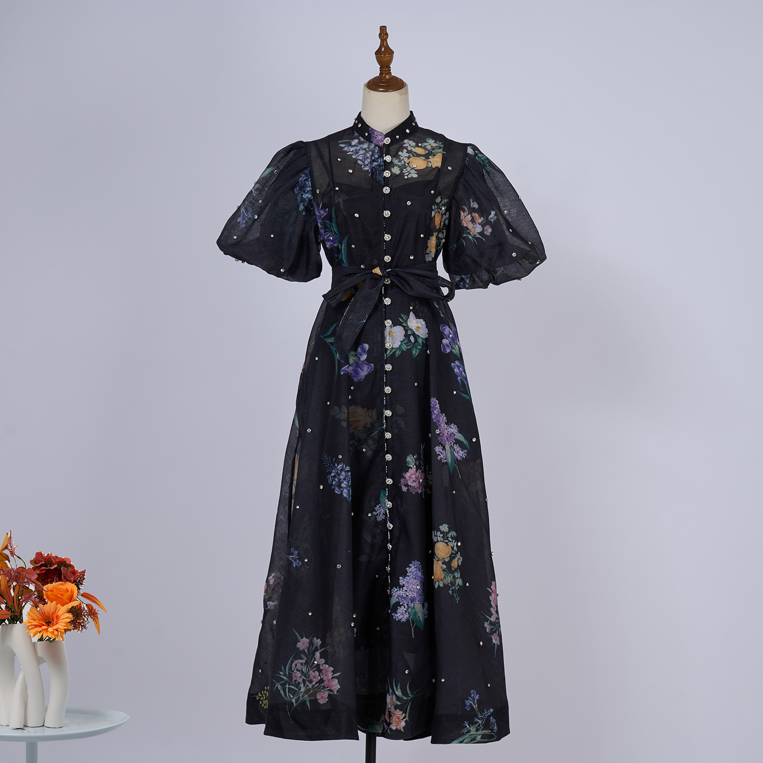 Real time spot court style fashion show 29 color design sense, heavy industry nail drill short sleeved single breasted jumpsuit long skirt+suspender