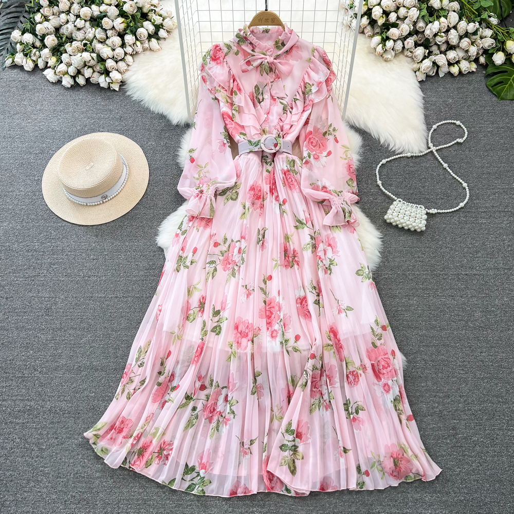 Super fairy gentle style long sleeved stand up collar ruffle edge waist cinched A-line printed chiffon pleated dress elegant long skirt