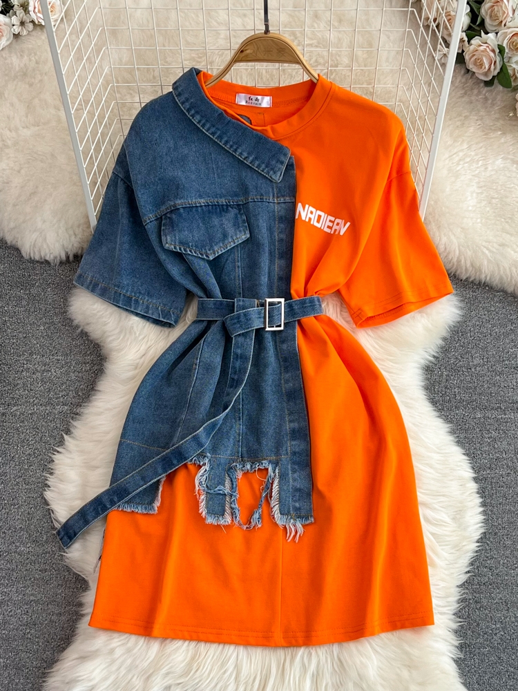 Retro Hong Kong style temperament, waist cinched with waist belt, round neck color blocked denim shirt, spring new chic casual mid length top
