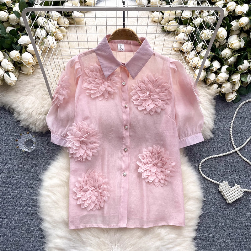 Women's Summer Shirt 2025 New Style French Niche Unique Chic Shirt Three Dimensional Flower Bubble Sleeve Versatile Top
