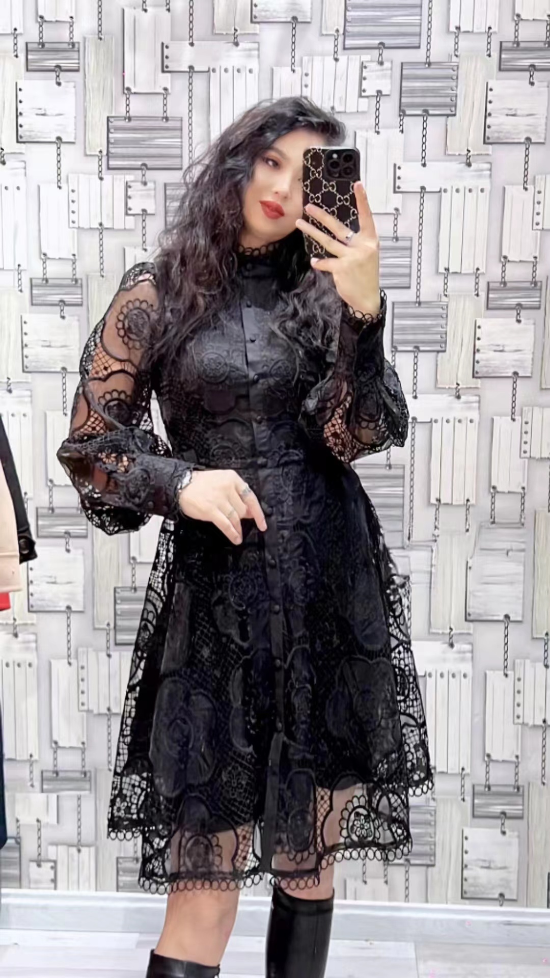 Australian niche lantern long sleeved stand up collar waist slimming water-soluble hook flower hollow out single breasted A-line lace dress