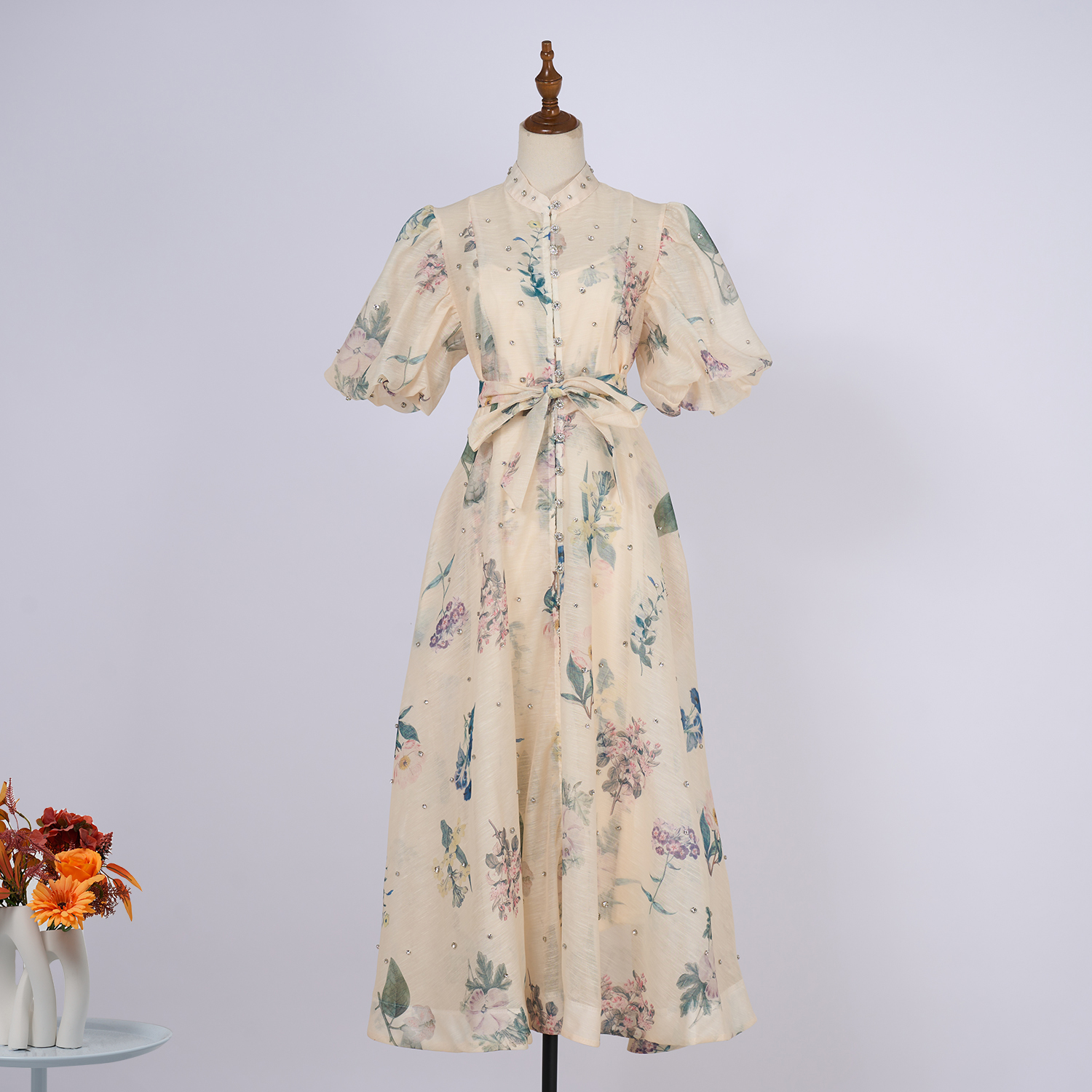 Real time spot palace style fashion show 26 color design sense, heavy industry nail drill short sleeved single breasted jumpsuit long skirt+suspender
