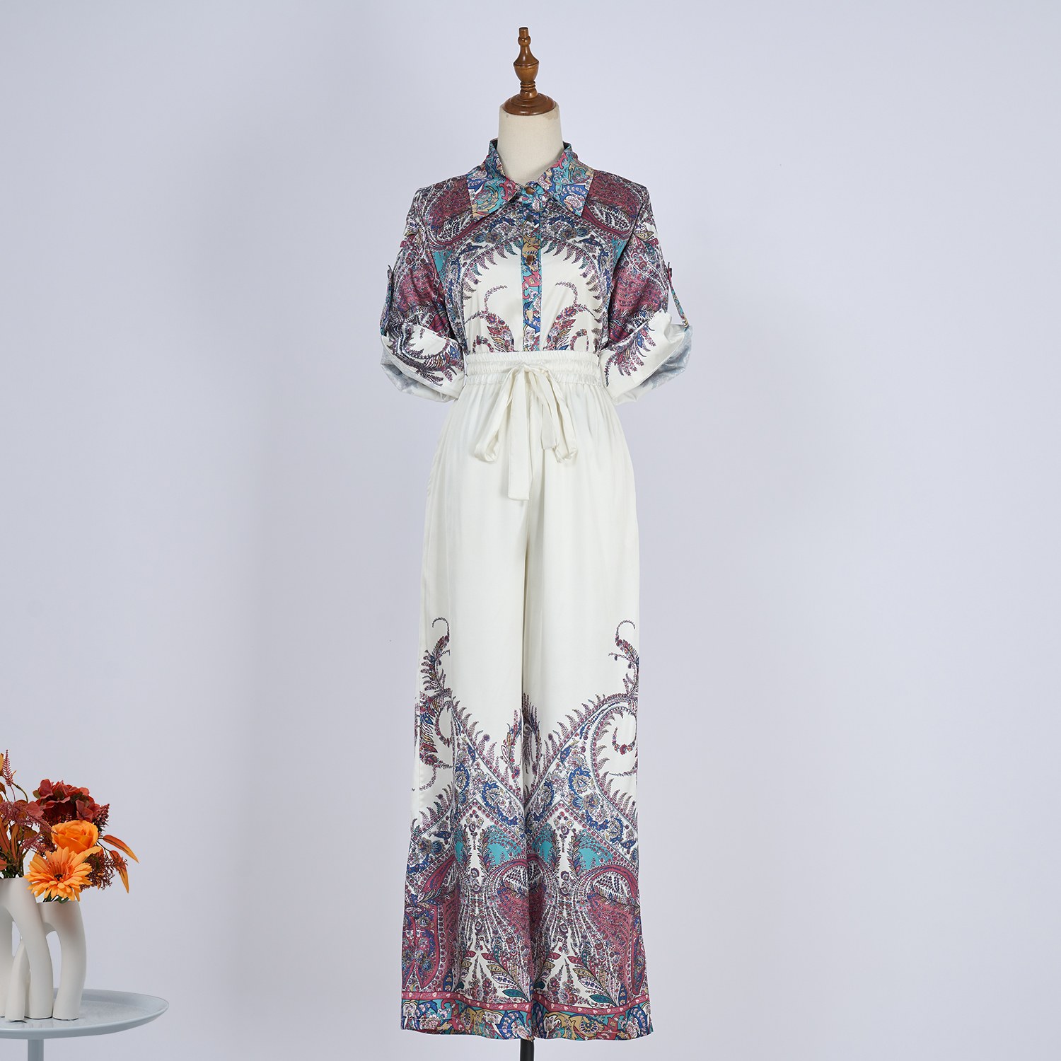2025 Australian Retro Printed Design Flip Collar Single breasted Top Elastic Waist Pants Two Piece Set in Stock