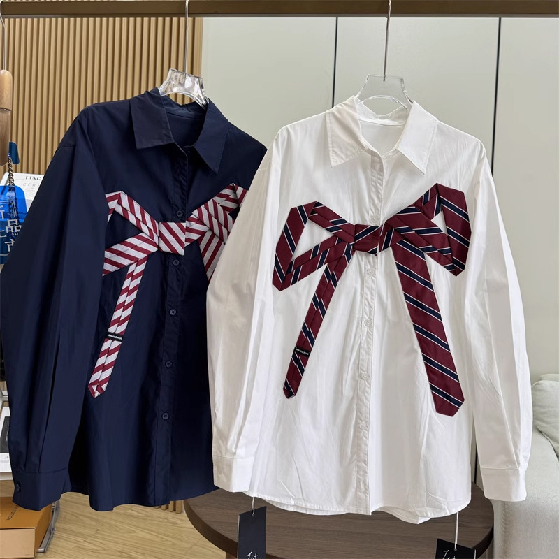 French style new striped tie, bow, contrasting color design, long sleeved shirt, sun protection jacket, loose silhouette