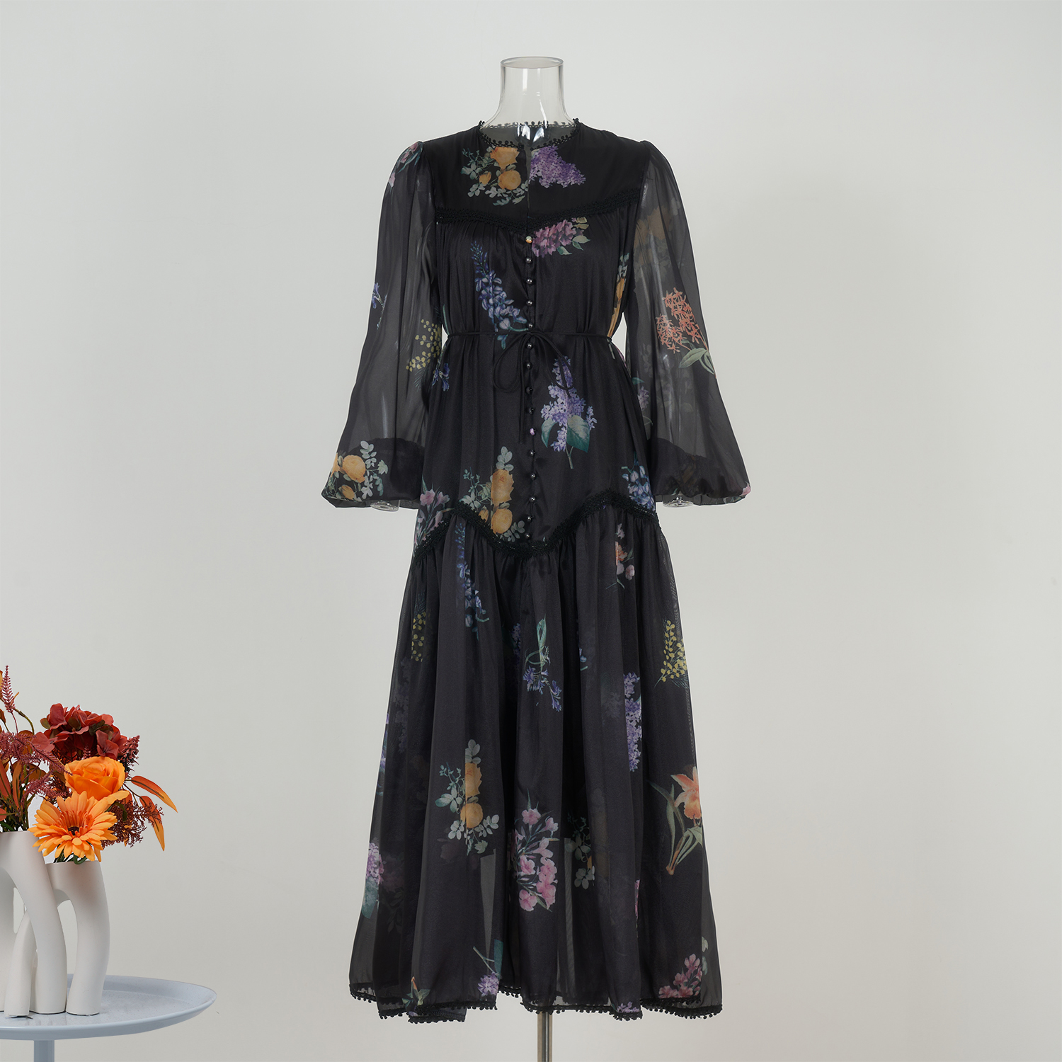 Real shot French elongated style lace long sleeved lace up dress with beautiful floral A-list French dress in stock