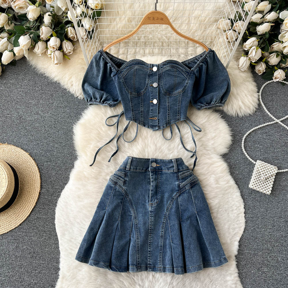 Retro style denim suit skirt, sexy and spicy girl, one shoulder strapless lace up top+pleated skirt two-piece set