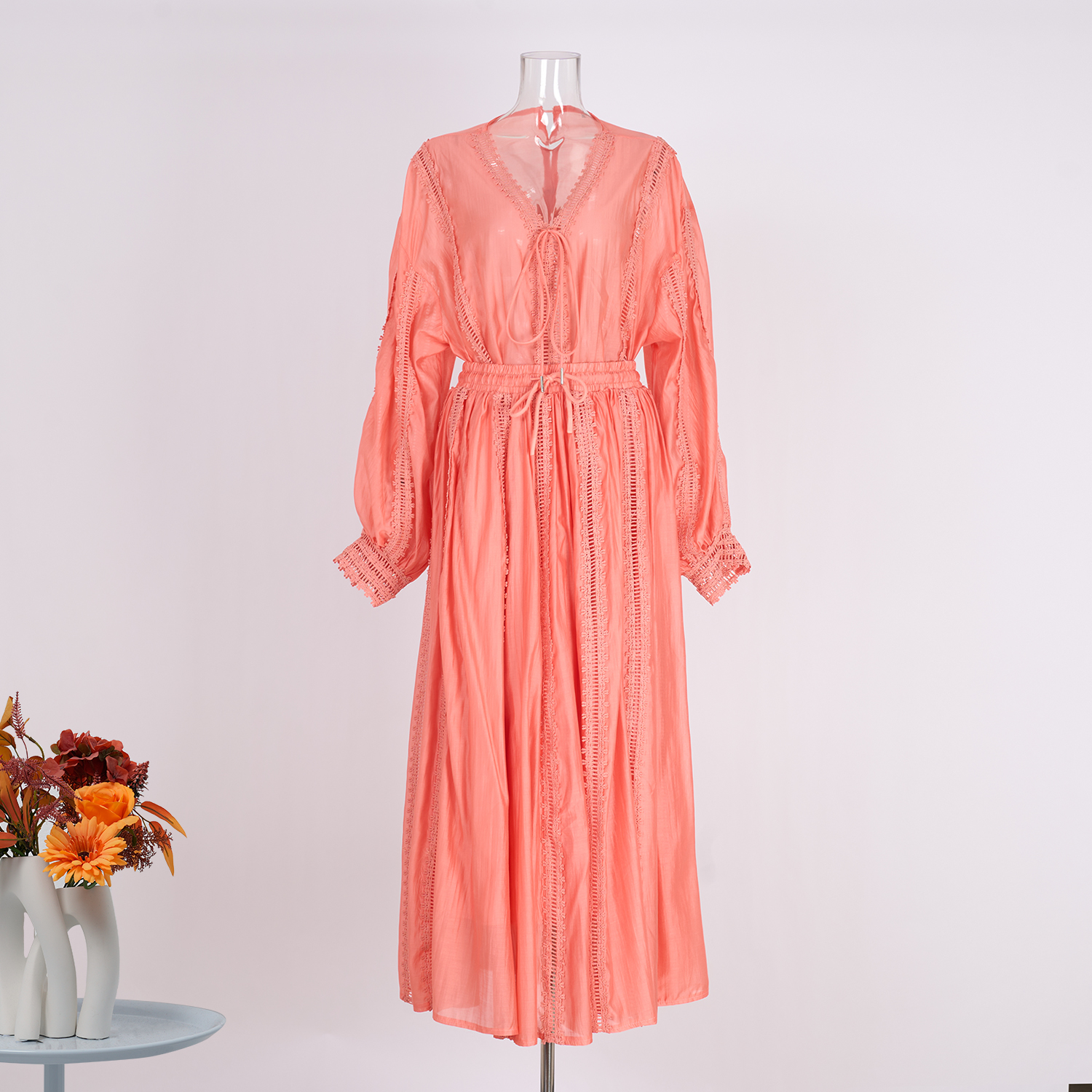 Real shot spot V-neck shirt with drawstring design, lantern sleeves paired with half skirt, elegant women's suit, 2025 summer new style
