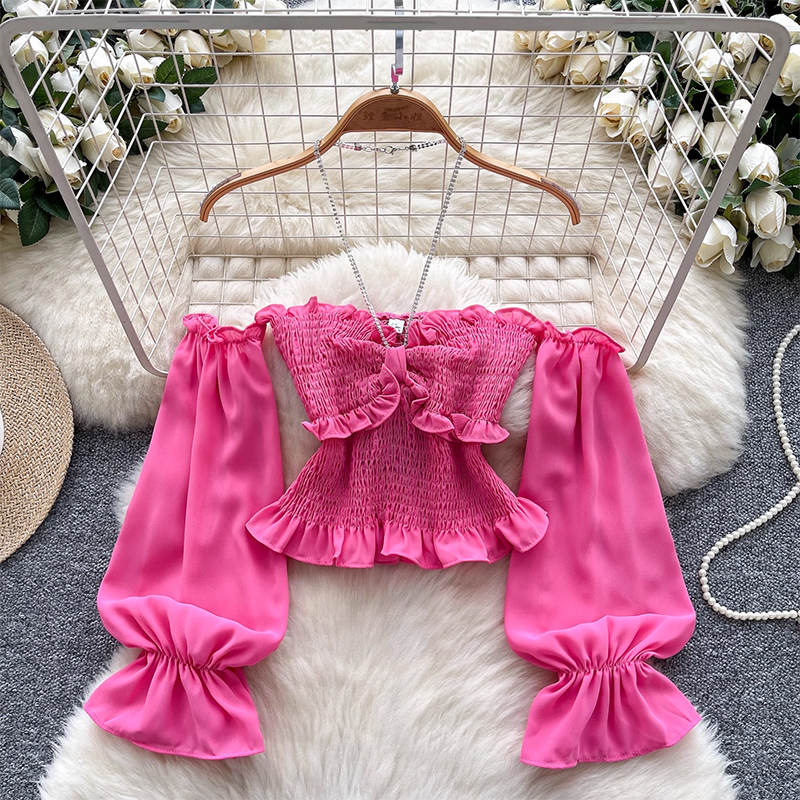 Pure desire diamond studded hanging neck strap, one shoulder strapless trumpet sleeve shirt, women's pleated waist cinched slim fit, exposed navel top, women's